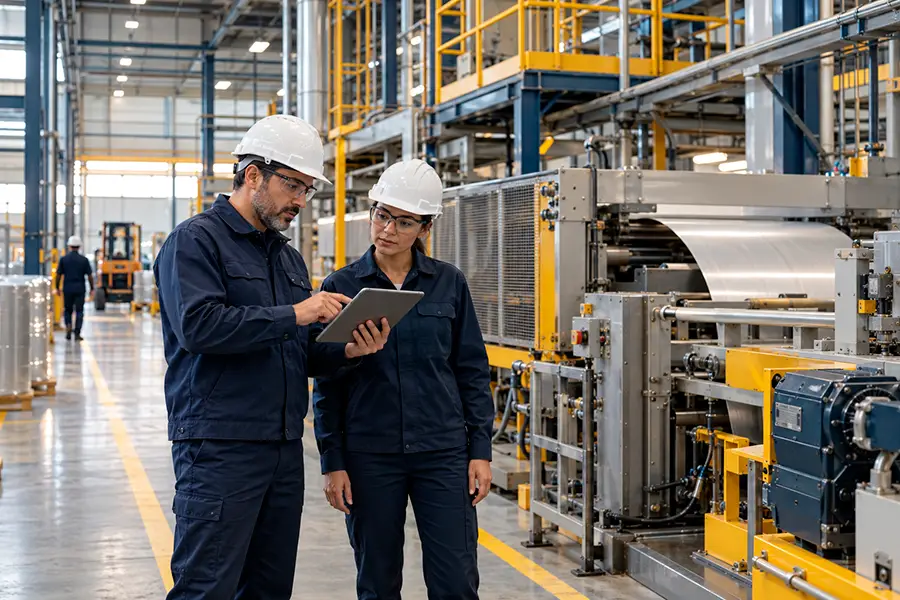 Profissionais realizando avaliação de máquinas e ativos industriais