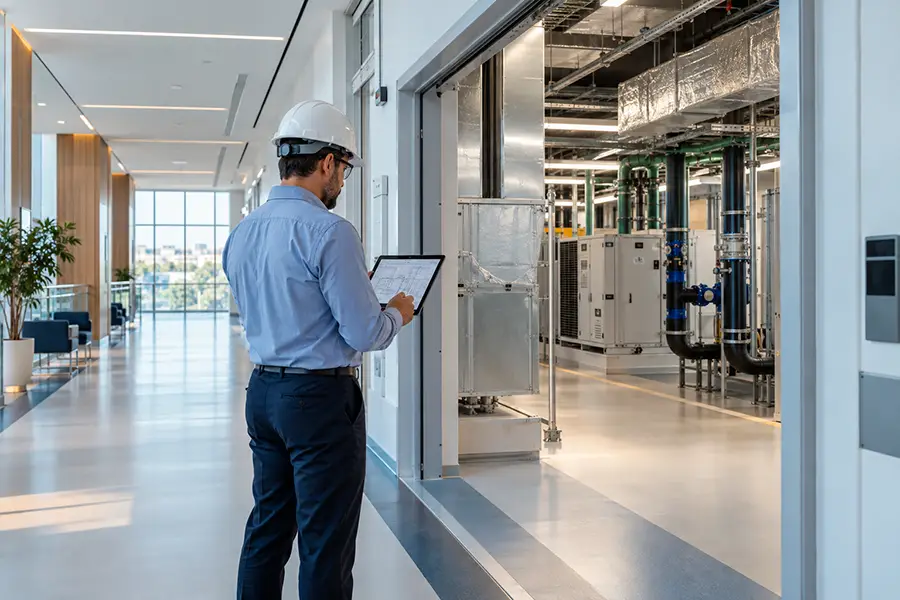 Engenheiro avaliando instalações técnicas de um empreendimento empresarial